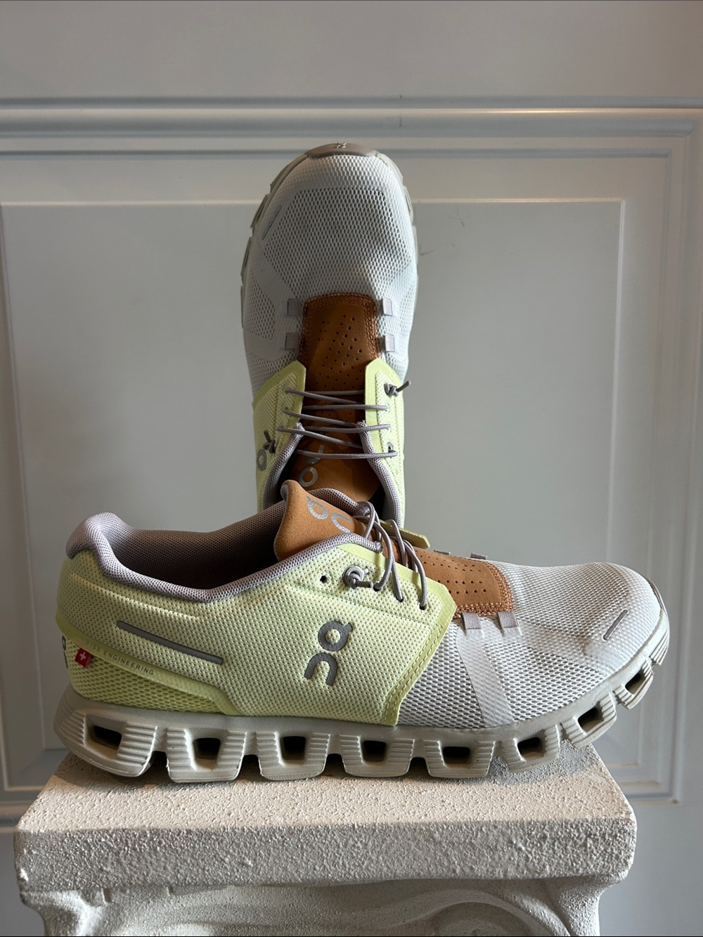 On Cloud 5 Running Women’s Sneakers in White and Pale Lime-Yellow.